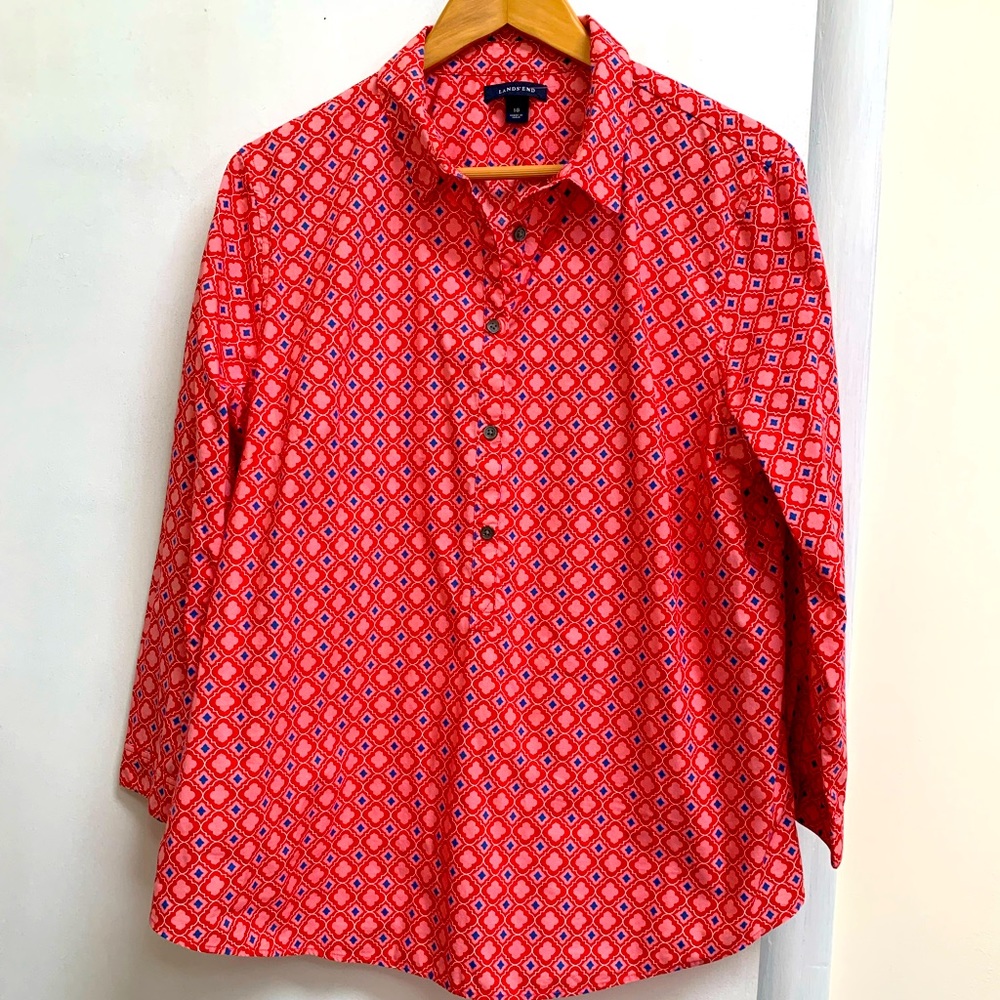 Lands End Pink and Red Collared Button-Down Shirt Women’s size 18